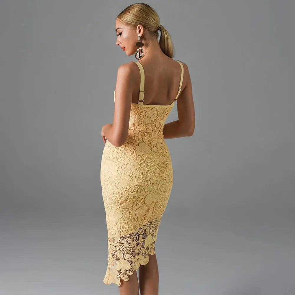 Elegant Lace Slim Bandage Midi Dress Thusfar