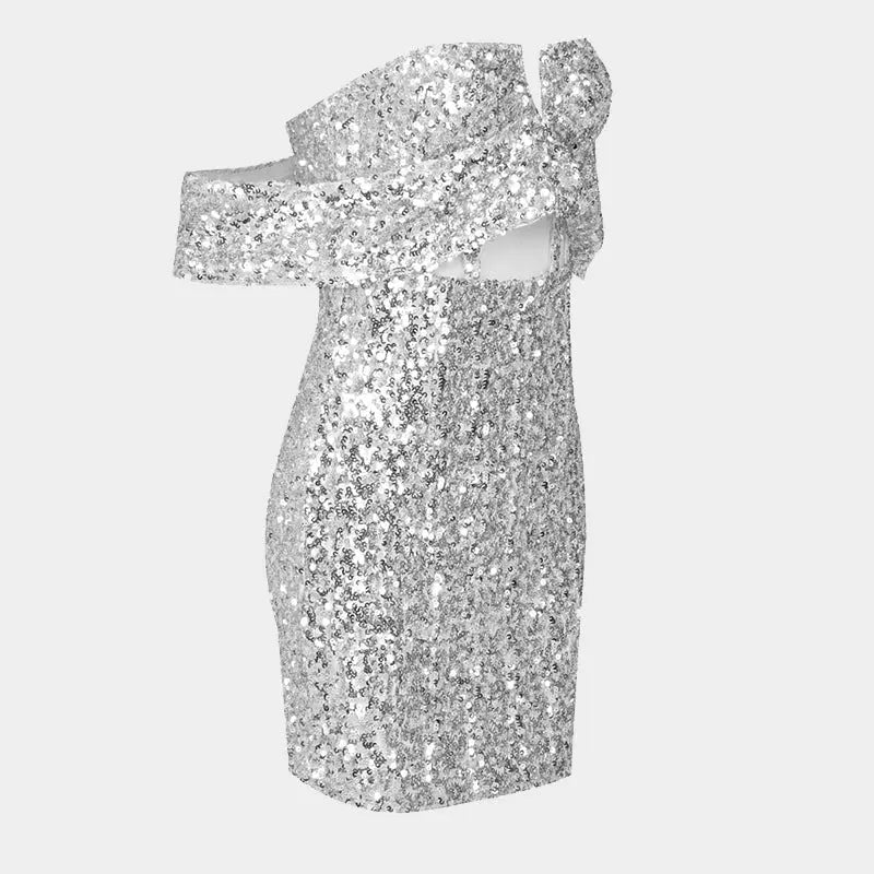 V Neck Sequined Off Shoulder Mini Dress Thusfar